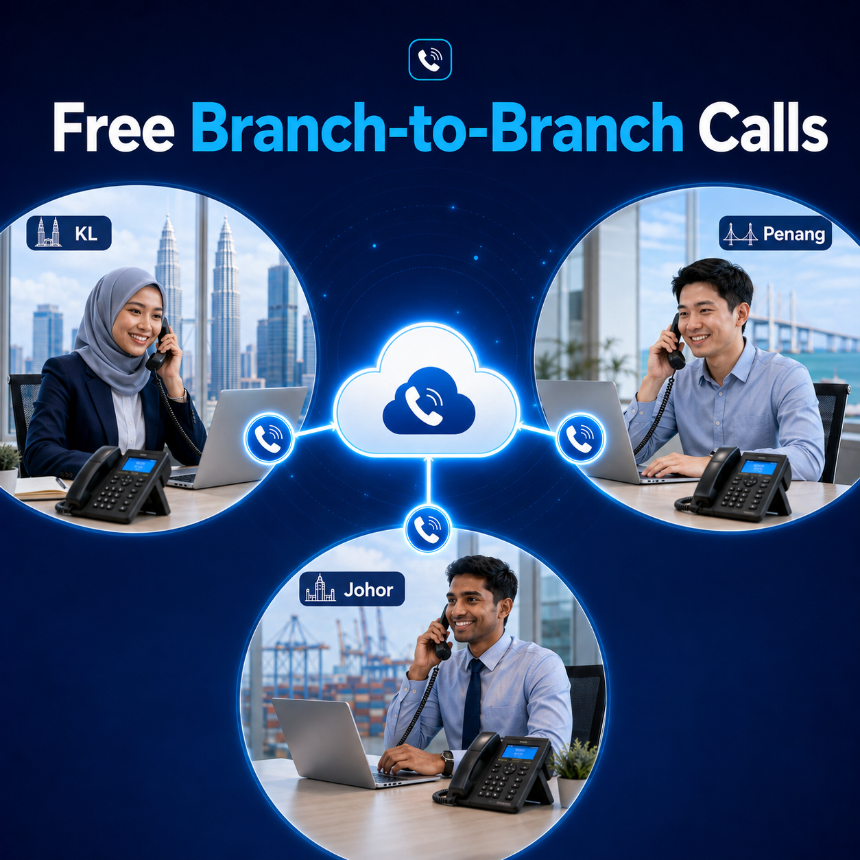 Malaysian KL Penang and Johor offices connected with free branch-to-branch Cloud PBX calls